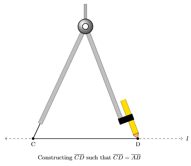 Constructing the copy CD. The compass needle is at C, and an arc is drawn to intersect line l at D.
